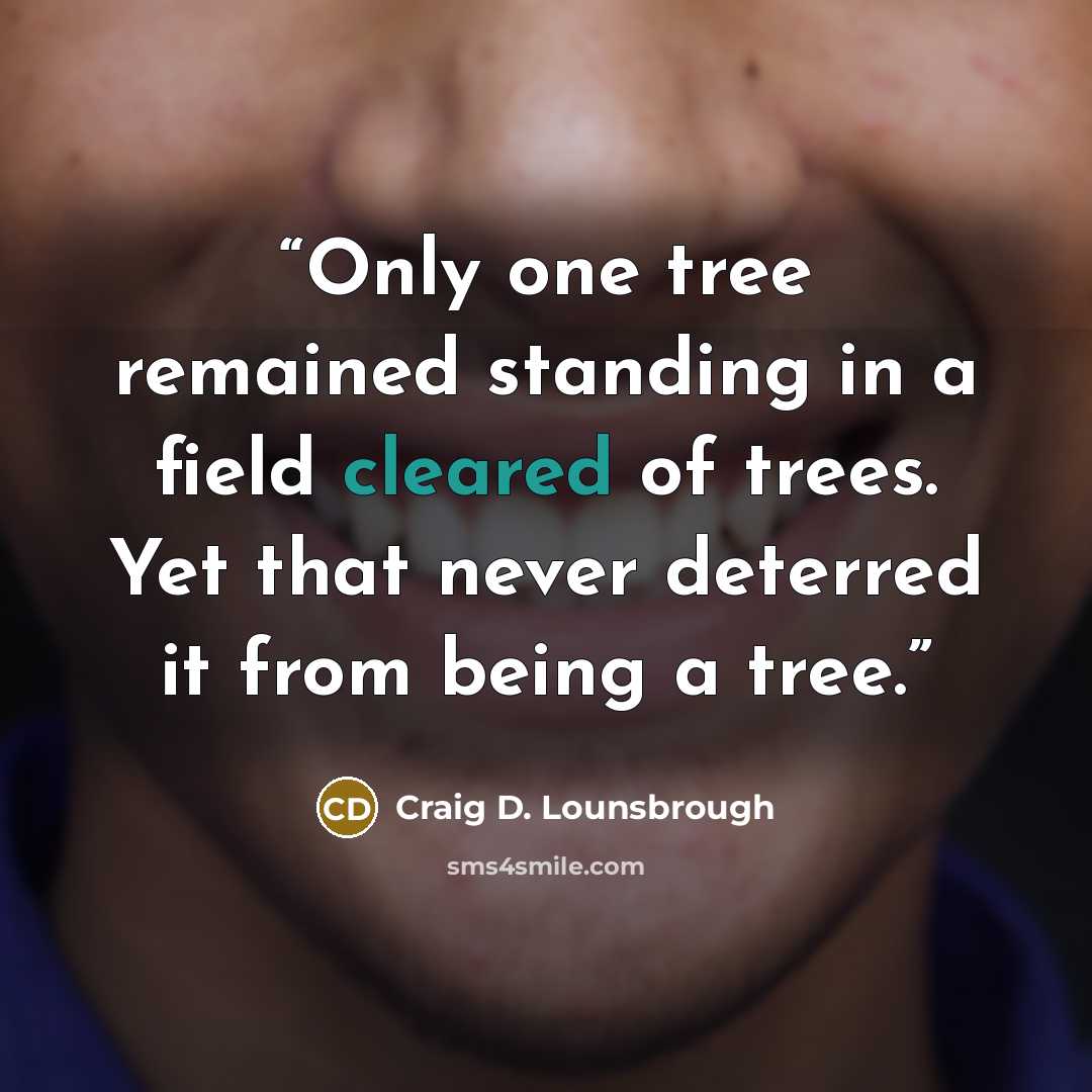 “Only one tree remained standing in a field cleared of trees. Yet that never deterred it from being a tree.” quote by Craig D. Lounsbrough