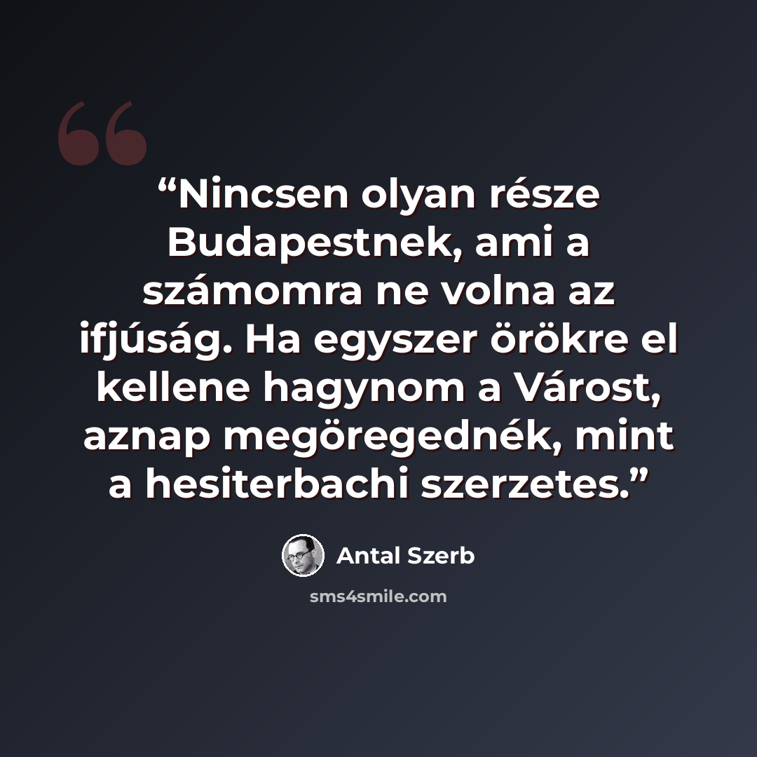 “Nincsen olyan része Budapestnek, ami a számomra ne volna az ifjúság. Ha egyszer örökre el kellene hagynom a Várost, aznap megöregednék, mint a hesiterbachi szerzetes.” quote by Antal Szerb
