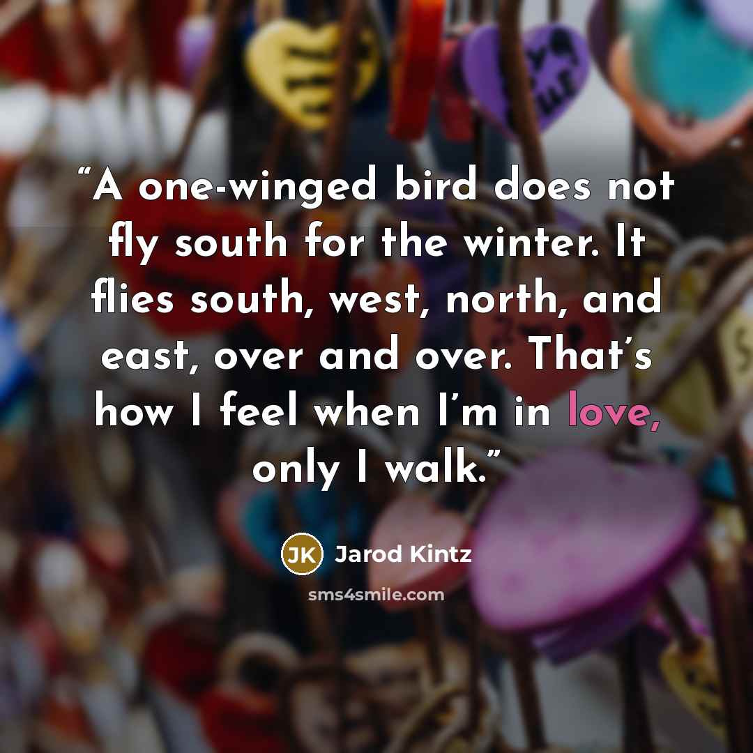 “A one-winged bird does not fly south for the winter. It flies south, west, north, and east, over and over. That’s how I feel when I’m in love, only I walk.” quote by Jarod Kintz
