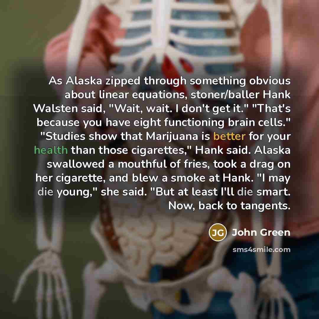 “As Alaska zipped through something obvious about linear equations, stoner/baller Hank Walsten said, "Wait, wait. I don't get it." "That's because you have eight functioning brain cells." "Studies show that Marijuana is better for your health than those cigarettes," Hank said. Alaska swallowed a…” quote by John Green