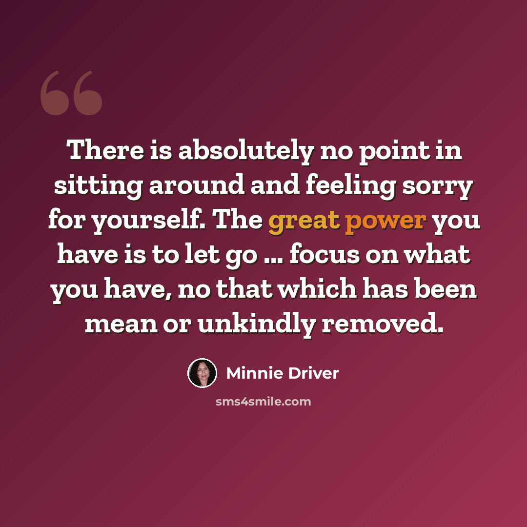 “There is absolutely no point in sitting around and feeling sorry for yourself. The great power you have is to let go ... focus on what you have, no that which has been mean or unkindly removed.” quote by Minnie Driver