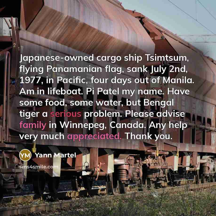 “Japanese-owned cargo ship Tsimtsum, flying Panamanian flag, sank July 2nd, 1977, in Pacific, four days out of Manila. Am in lifeboat. Pi Patel my name. Have some food, some water, but Bengal tiger a serious problem. Please advise family in Winnepeg, Canada. Any help very much appreciated. Thank you.” quote by Yann Martel