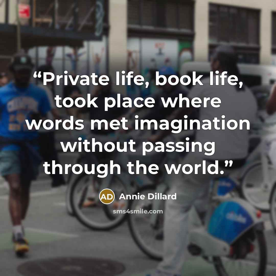 “Private life, book life, took place where words met imagination without passing through the world.” quote by Annie Dillard