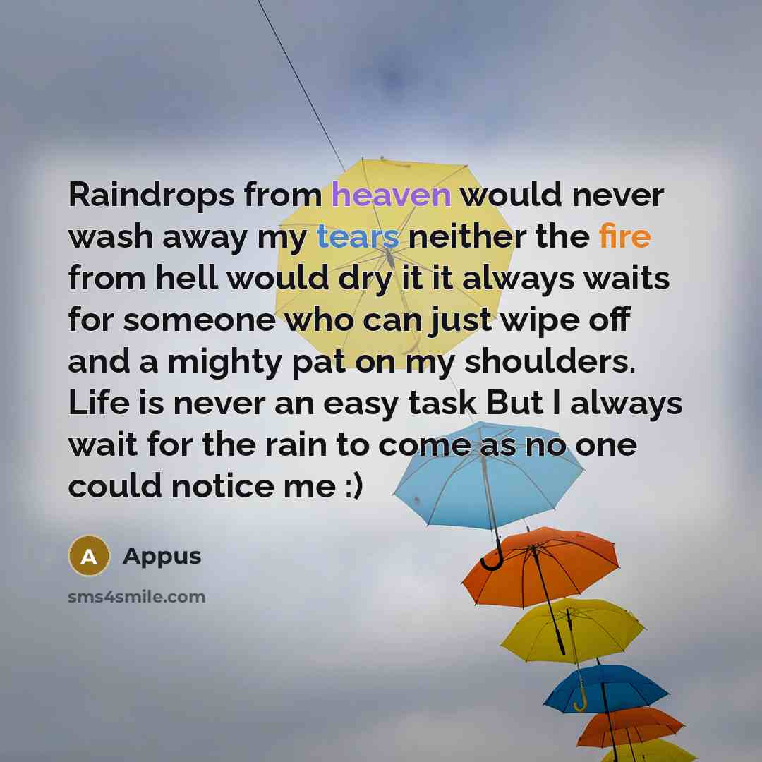 “Raindrops from heaven would never wash away my tears neither the fire from hell would dry it it always waits for someone who can just wipe off and a mighty pat on my shoulders. Life is never an easy task But I always wait for the rain to come as no one could notice me :)” quote by Appus