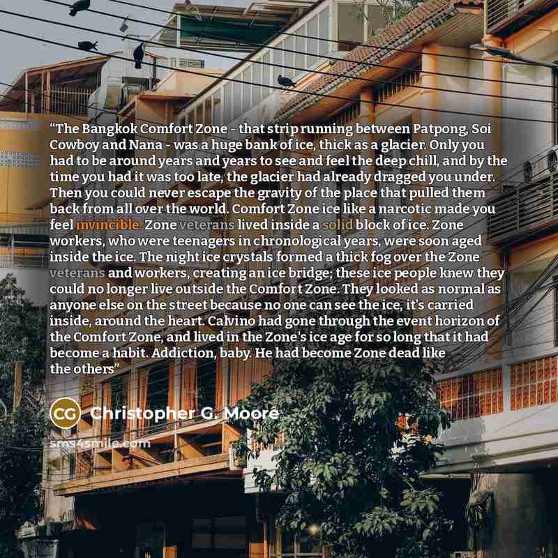 “The Bangkok Comfort Zone - that strip running between Patpong, Soi Cowboy and Nana - was a huge bank of ice, thick as a glacier. Only you had to be around years and years to see and feel the deep chill, and by the time you had it was too late, the glacier had already dragged you under. Then you…” quote by Christopher G. Moore