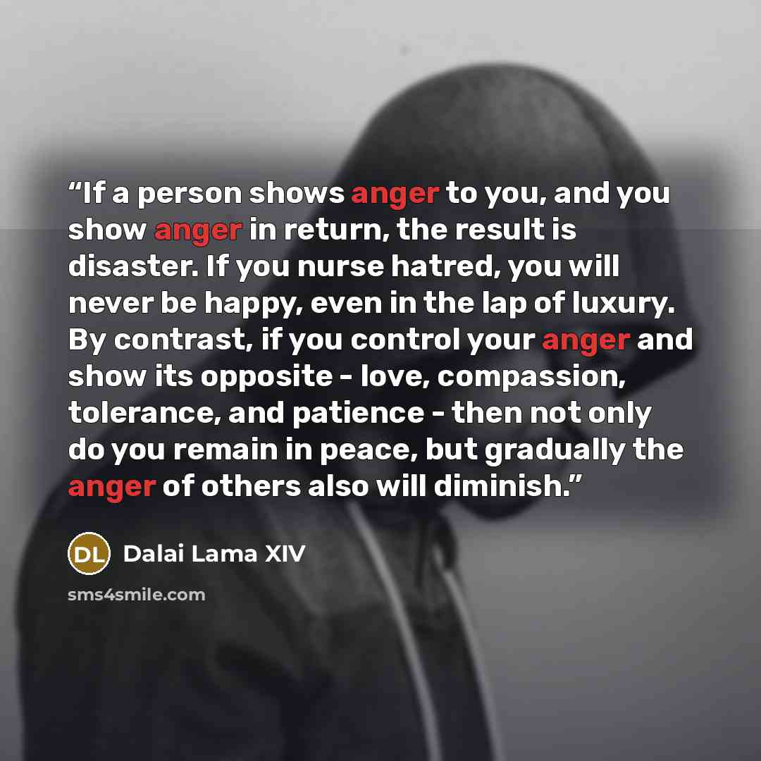 “If a person shows anger to you, and you show anger in return, the result is disaster. If you nurse hatred, you will never be happy, even in the lap of luxury. By contrast, if you control your anger and show its opposite - love, compassion, tolerance, and patience - then not only do you remain in…” quote by Dalai Lama XIV