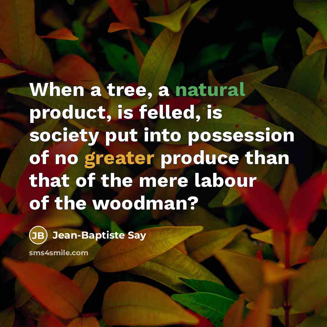 “When a tree, a natural product, is felled, is society put into possession of no greater produce than that of the mere labour of the woodman?” quote by Jean-Baptiste Say