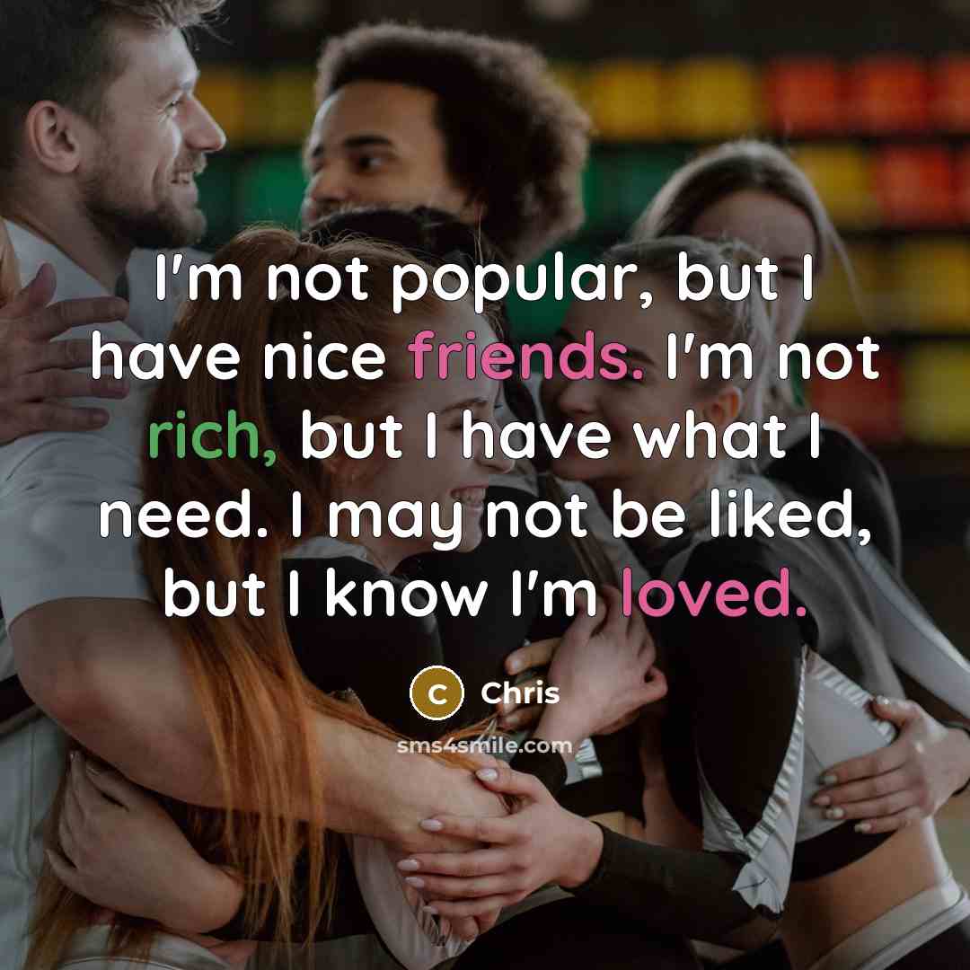 “I'm not popular, but I have nice friends. I'm not rich, but I have what I need. I may not be liked, but I know I'm loved.” quote by Chris