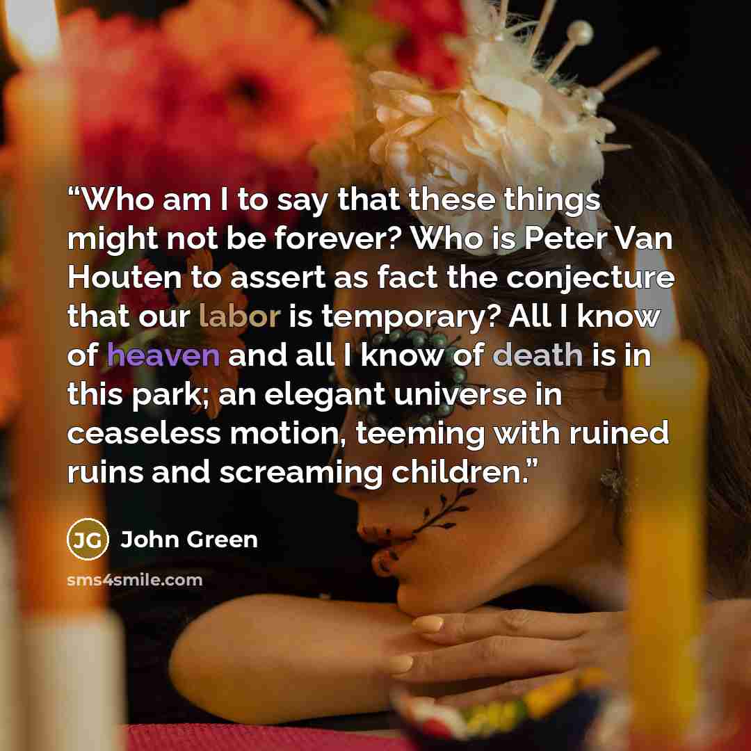 “Who am I to say that these things might not be forever? Who is Peter Van Houten to assert as fact the conjecture that our labor is temporary? All I know of heaven and all I know of death is in this park; an elegant universe in ceaseless motion, teeming with ruined ruins and screaming children.” quote by John Green