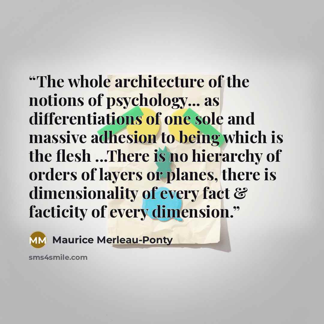 “The whole architecture of the notions of psychology... as differentiations of one sole and massive adhesion to being which is the flesh ...There is no hierarchy of orders of layers or planes, there is dimensionality of every fact & facticity of every dimension.” quote by Maurice Merleau-Ponty