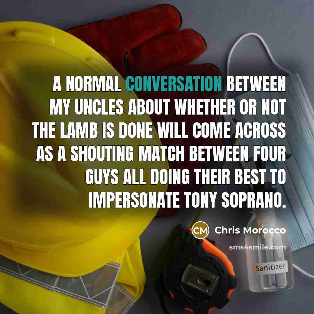 “A normal conversation between my uncles about whether or not the lamb is done will come across as a shouting match between four guys all doing their best to impersonate Tony Soprano.” quote by Chris Morocco