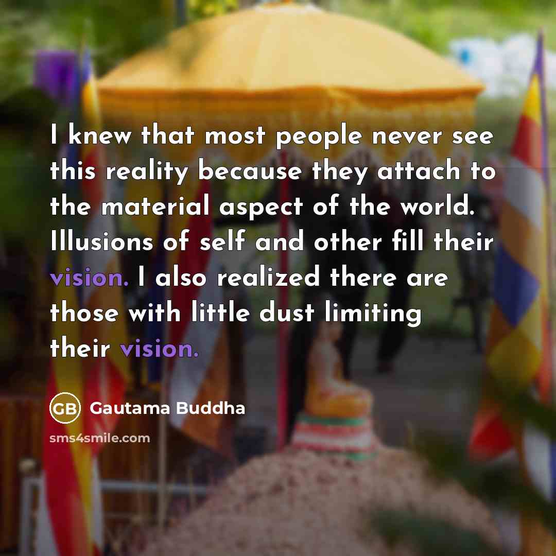 “I knew that most people never see this reality because they attach to the material aspect of the world. Illusions of self and other fill their vision. I also realized there are those with little dust limiting their vision.” quote by Gautama Buddha