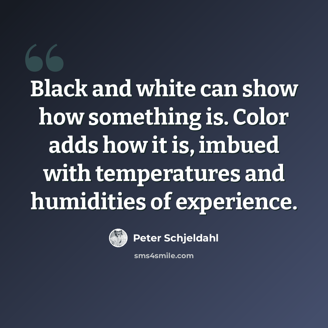 “Black and white can show how something is. Color adds how it is, imbued with temperatures and humidities of experience.” quote by Peter Schjeldahl