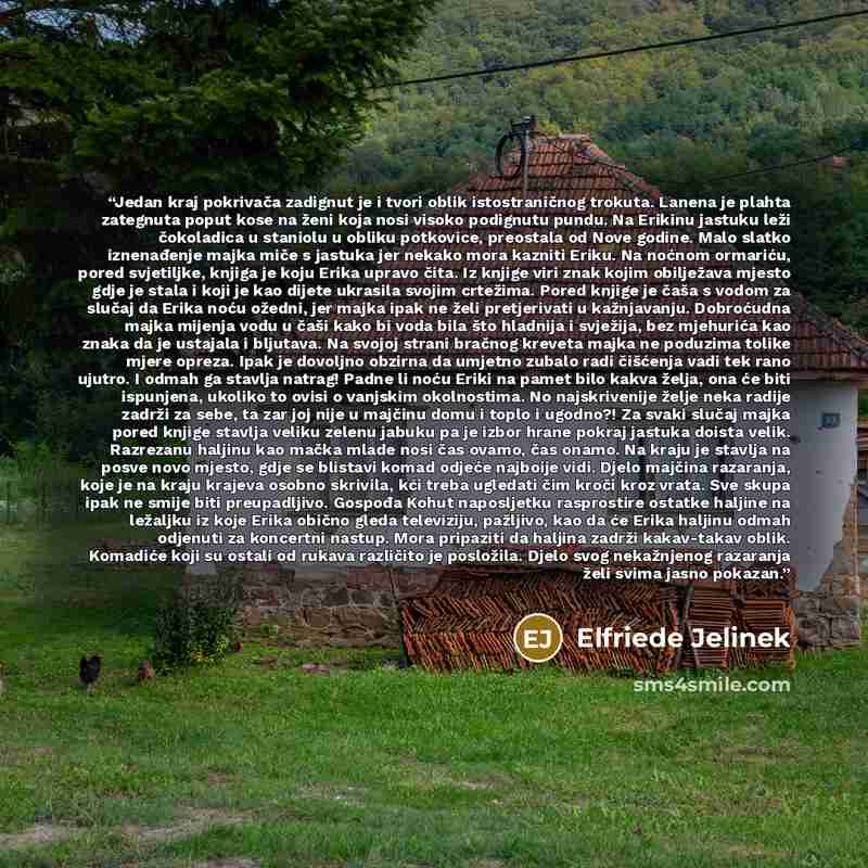 “Jedan kraj pokrivača zadignut je i tvori oblik istostraničnog trokuta. Lanena je plahta zategnuta poput kose na ženi koja nosi visoko podignutu pundu. Na Erikinu jastuku leži čokoladica u staniolu u obliku potkovice, preostala od Nove godine. Malo slatko iznenađenje majka miče s jastuka jer nekako…” quote by Elfriede Jelinek