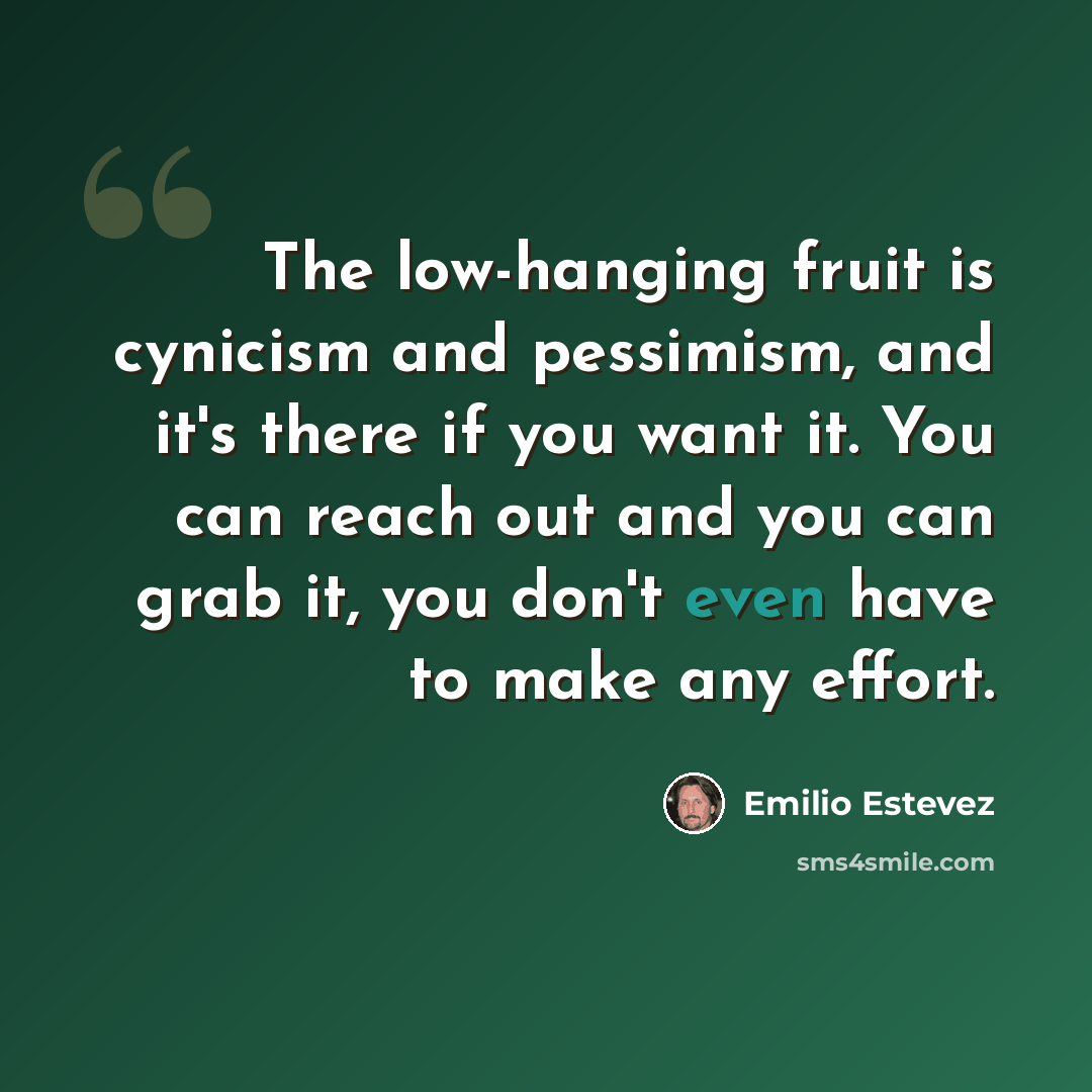 “The low-hanging fruit is cynicism and pessimism, and it's there if you want it. You can reach out and you can grab it, you don't even have to make any effort.” quote by Emilio Estevez