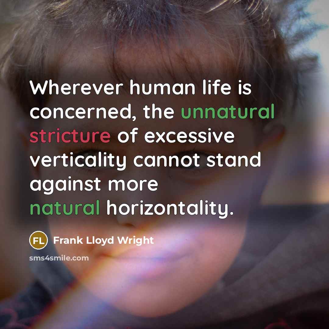 “Wherever human life is concerned, the unnatural stricture of excessive verticality cannot stand against more natural horizontality.” quote by Frank Lloyd Wright