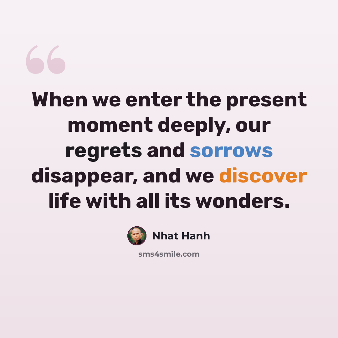 “When we enter the present moment deeply, our regrets and sorrows disappear, and we discover life with all its wonders.” quote by Nhat Hanh