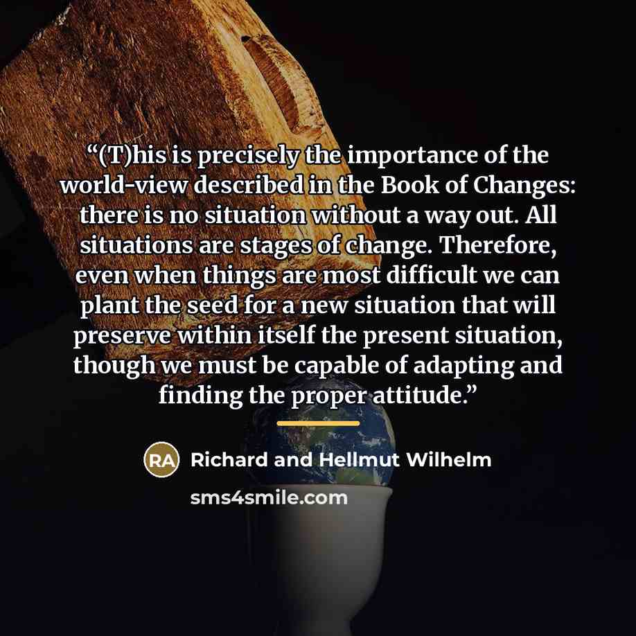 “(T)his is precisely the importance of the world-view described in the Book of Changes: there is no situation without a way out. All situations are stages of change. Therefore, even when things are most difficult we can plant the seed for a new situation that will preserve within itself the present…” quote by Richard and Hellmut Wilhelm