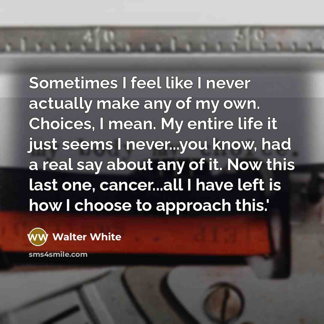 “Sometimes I feel like I never actually make any of my own. Choices, I mean. My entire life it just seems I never...you know, had a real say about any of it. Now this last one, cancer...all I have left is how I choose to approach this.'” quote by Walter White