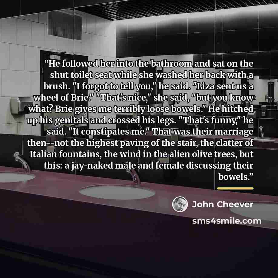 “He followed her into the bathroom and sat on the shut toilet seat while she washed her back with a brush. "I forgot to tell you," he said. "Liza sent us a wheel of Brie." "That's nice," she said, "but you know what? Brie gives me terribly loose bowels." He hitched up his genitals and crossed his…” quote by John Cheever