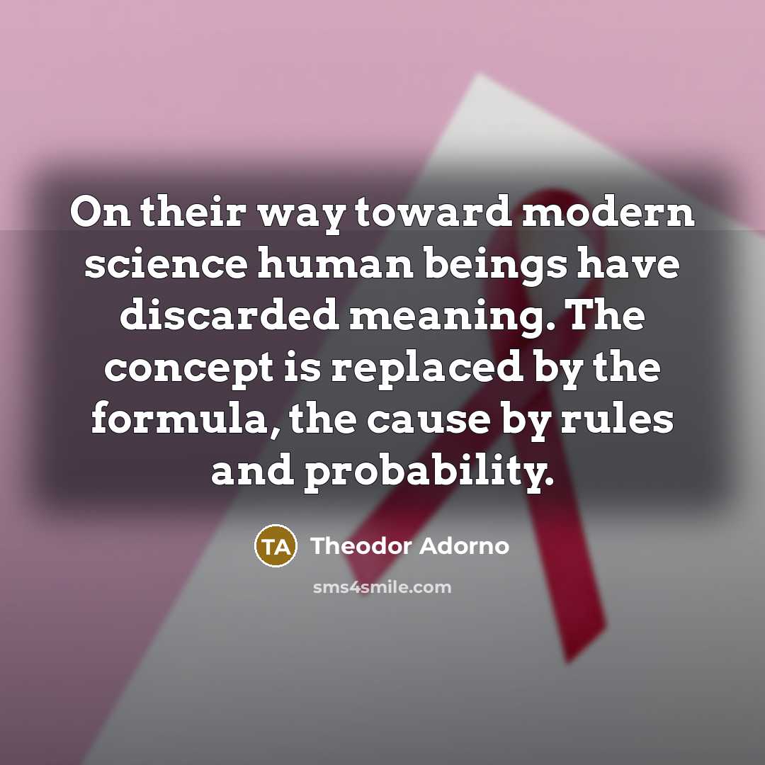 “On their way toward modern science human beings have discarded meaning. The concept is replaced by the formula, the cause by rules and probability.” quote by Theodor Adorno