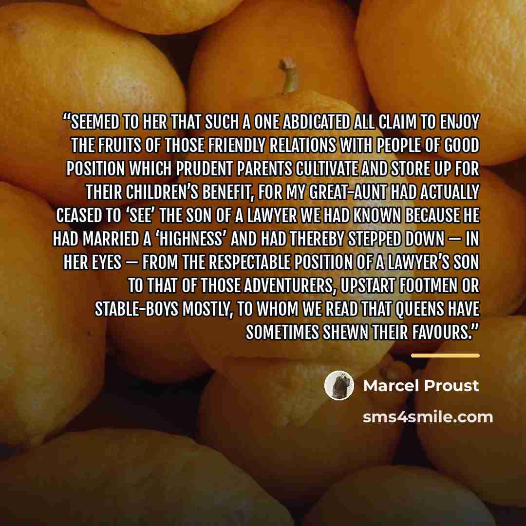“seemed to her that such a one abdicated all claim to enjoy the fruits of those friendly relations with people of good position which prudent parents cultivate and store up for their children’s benefit, for my great-aunt had actually ceased to ‘see’ the son of a lawyer we had known because he had…” quote by Marcel Proust