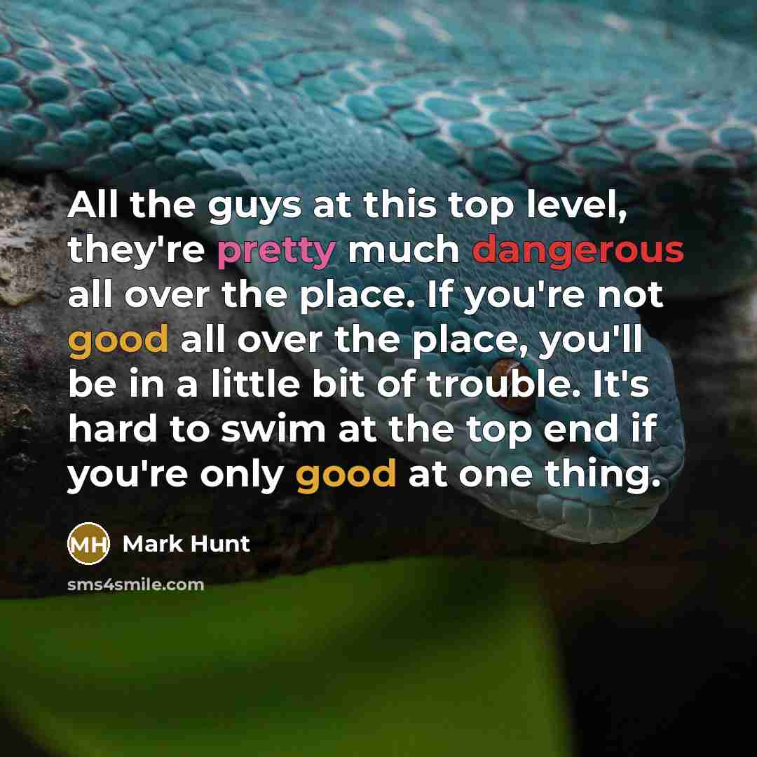 “All the guys at this top level, they're pretty much dangerous all over the place. If you're not good all over the place, you'll be in a little bit of trouble. It's hard to swim at the top end if you're only good at one thing.” quote by Mark Hunt
