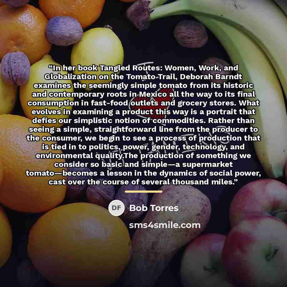 “In her book Tangled Routes: Women, Work, and Globalization on the Tomato Trail, Deborah Barndt examines the seemingly simple tomato from its historic and contemporary roots in Mexico all the way to its final consumption in fast-food outlets and grocery stores. What evolves in examining a product…” quote by Bob Torres
