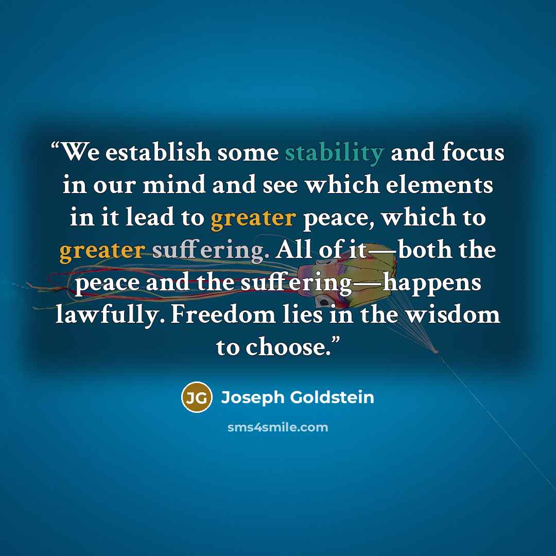 “We establish some stability and focus in our mind and see which elements in it lead to greater peace, which to greater suffering. All of it—both the peace and the suffering—happens lawfully. Freedom lies in the wisdom to choose.” quote by Joseph Goldstein
