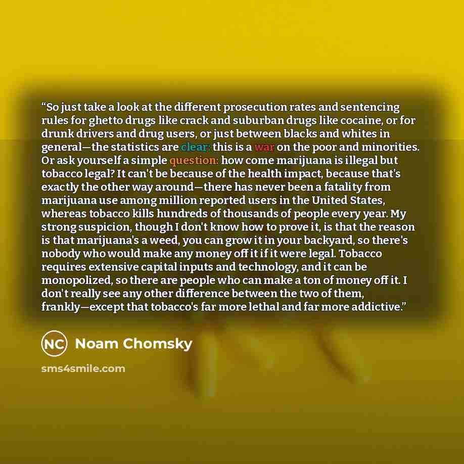 “So just take a look at the different prosecution rates and sentencing rules for ghetto drugs like crack and suburban drugs like cocaine, or for drunk drivers and drug users, or just between blacks and whites in general―the statistics are clear: this is a war on the poor and minorities. Or ask…” quote by Noam Chomsky