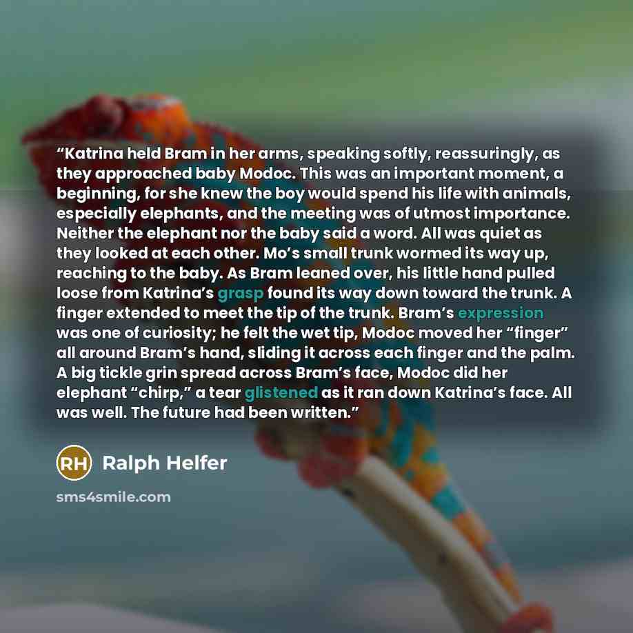 “Katrina held Bram in her arms, speaking softly, reassuringly, as they approached baby Modoc. This was an important moment, a beginning, for she knew the boy would spend his life with animals, especially elephants, and the meeting was of utmost importance. Neither the elephant nor the baby said a…” quote by Ralph Helfer