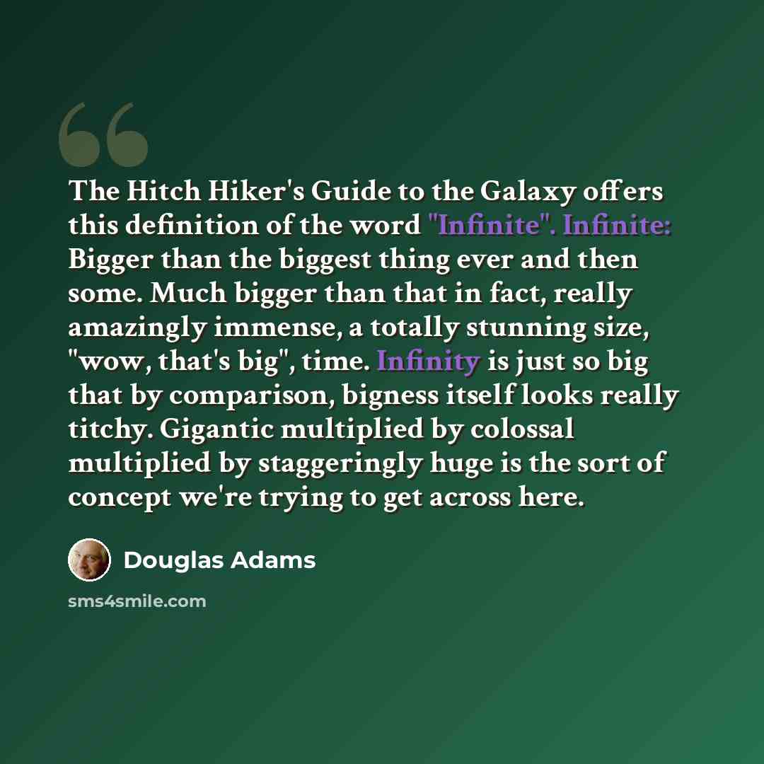 “The Hitch Hiker's Guide to the Galaxy offers this definition of the word "Infinite". Infinite: Bigger than the biggest thing ever and then some. Much bigger than that in fact, really amazingly immense, a totally stunning size, "wow, that's big", time. Infinity is just so big that by comparison…” quote by Douglas Adams