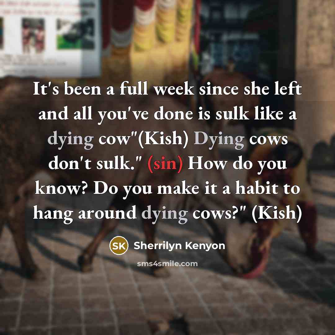 “It's been a full week since she left and all you've done is sulk like a dying cow"(Kish) Dying cows don't sulk." (sin) How do you know? Do you make it a habit to hang around dying cows?" (Kish)” quote by Sherrilyn Kenyon