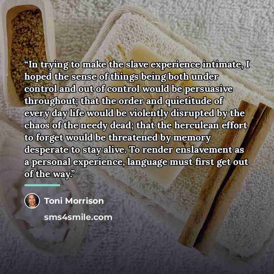 “In trying to make the slave experience intimate, I hoped the sense of things being both under control and out of control would be persuasive throughout; that the order and quietitude of every day life would be violently disrupted by the chaos of the needy dead; that the herculean effort to forget…” quote by Toni Morrison