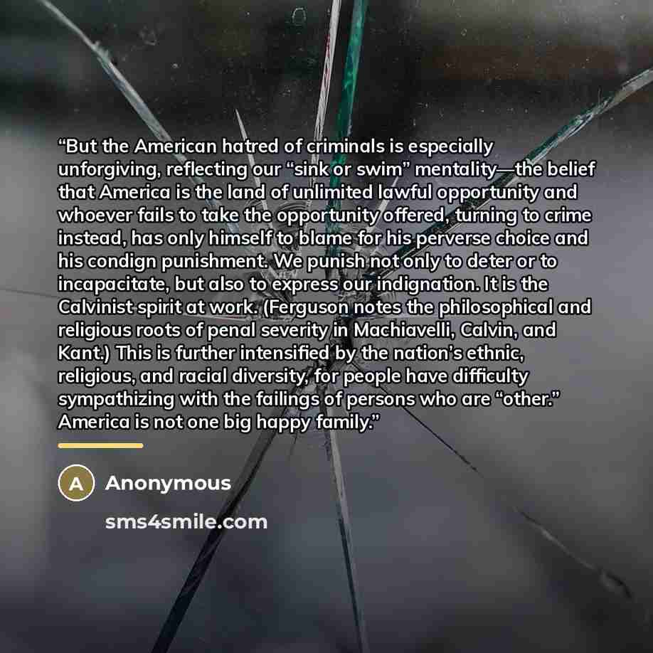“But the American hatred of criminals is especially unforgiving, reflecting our “sink or swim” mentality—the belief that America is the land of unlimited lawful opportunity and whoever fails to take the opportunity offered, turning to crime instead, has only himself to blame for his perverse choice…” quote by Anonymous