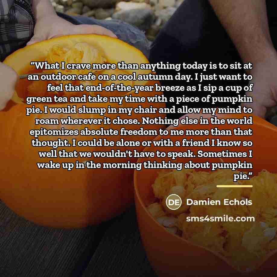 “What I crave more than anything today is to sit at an outdoor cafe on a cool autumn day. I just want to feel that end-of-the-year breeze as I sip a cup of green tea and take my time with a piece of pumpkin pie. I would slump in my chair and allow my mind to roam wherever it chose. Nothing else in…” quote by Damien Echols