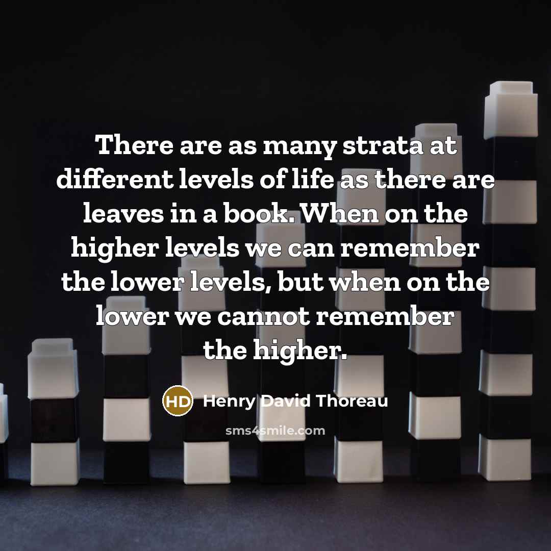 “There are as many strata at different levels of life as there are leaves in a book. When on the higher levels we can remember the lower levels, but when on the lower we cannot remember the higher.” quote by Henry David Thoreau