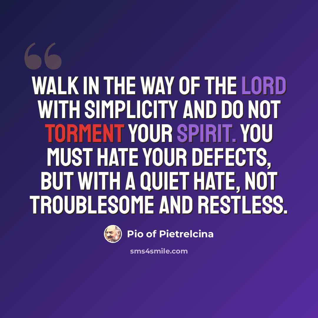 “Walk in the way of the Lord with simplicity and do not torment your spirit. You must hate your defects, but with a quiet hate, not troublesome and restless.” quote by Pio of Pietrelcina
