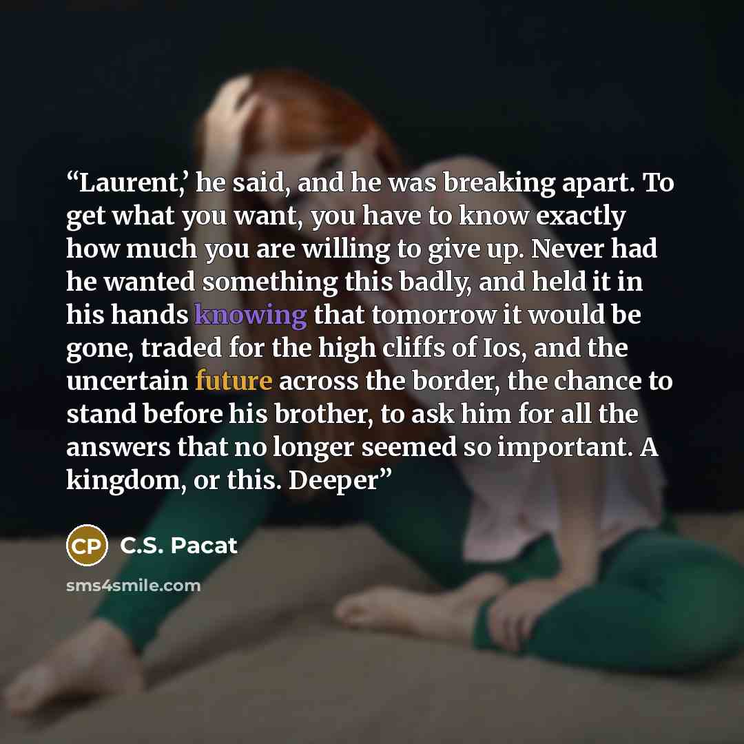 “Laurent,’ he said, and he was breaking apart. To get what you want, you have to know exactly how much you are willing to give up. Never had he wanted something this badly, and held it in his hands knowing that tomorrow it would be gone, traded for the high cliffs of Ios, and the uncertain future…” quote by C.S. Pacat