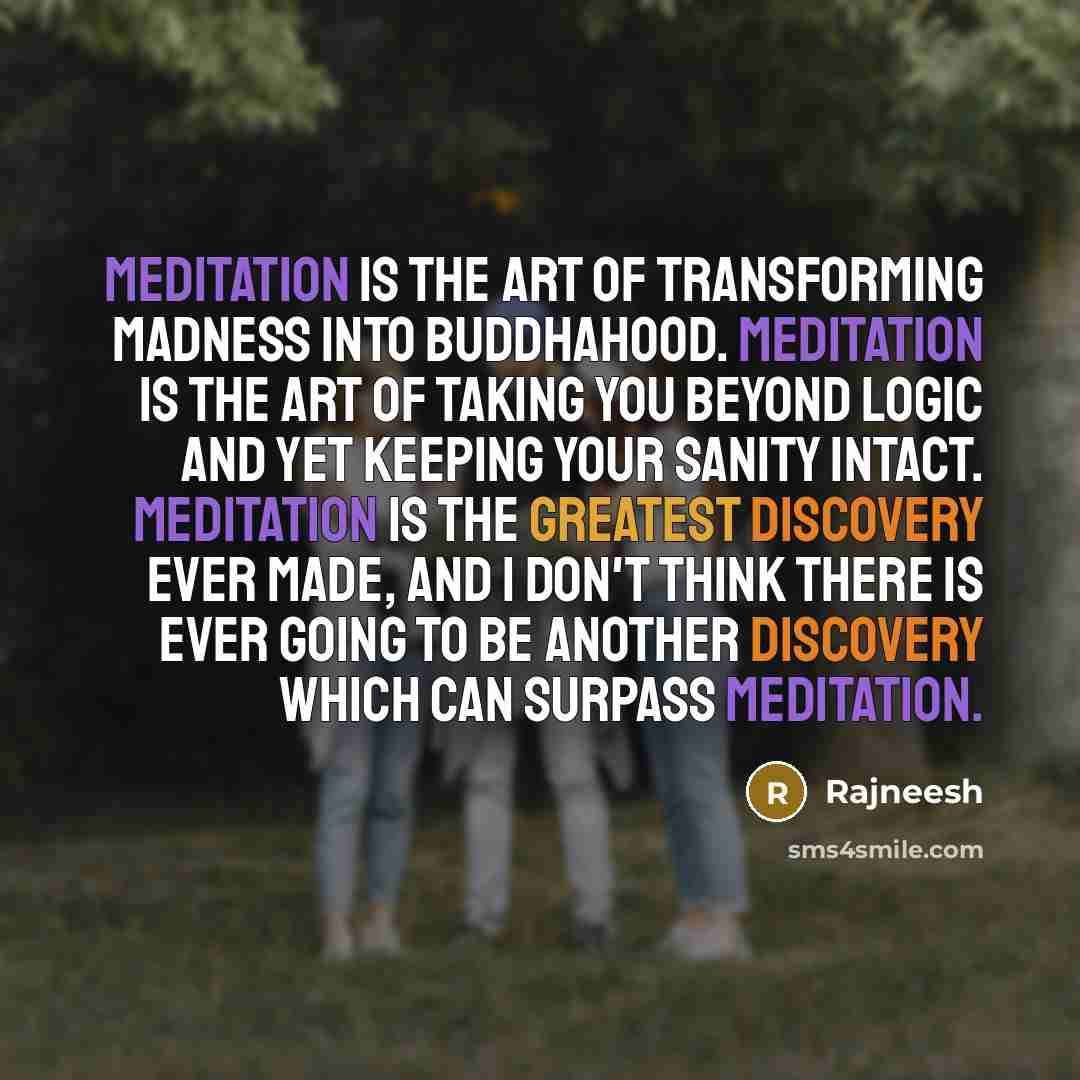“Meditation is the art of transforming madness into Buddhahood. Meditation is the art of taking you beyond logic and yet keeping your sanity intact. Meditation is the greatest discovery ever made, and I don't think there is ever going to be another discovery which can surpass meditation.” quote by Rajneesh