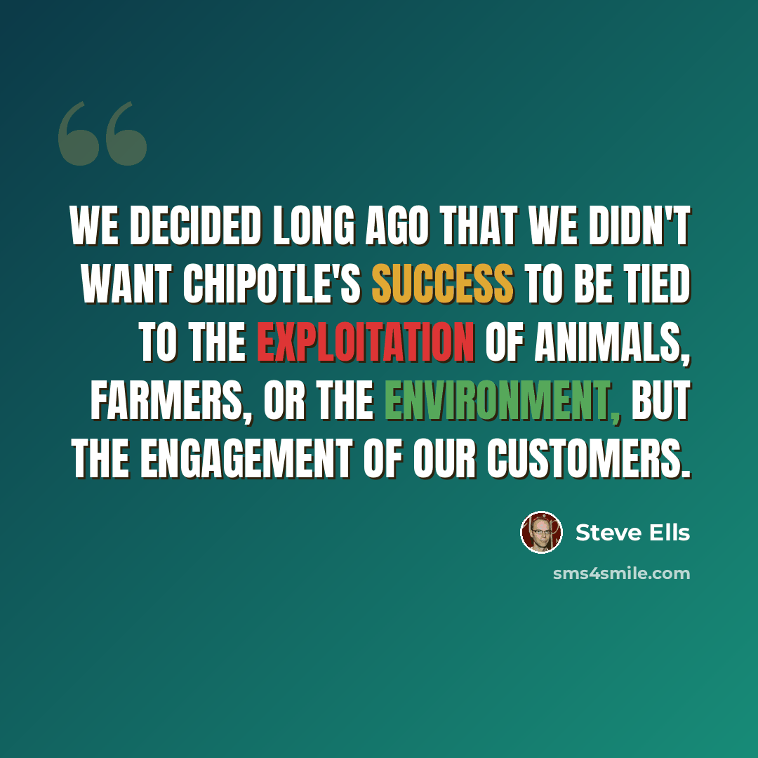 “We decided long ago that we didn't want Chipotle's success to be tied to the exploitation of animals, farmers, or the environment, but the engagement of our customers.” quote by Steve Ells