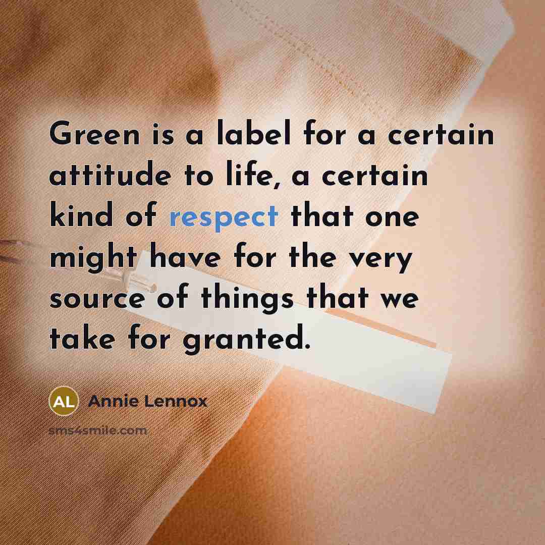 “Green is a label for a certain attitude to life, a certain kind of respect that one might have for the very source of things that we take for granted.” quote by Annie Lennox