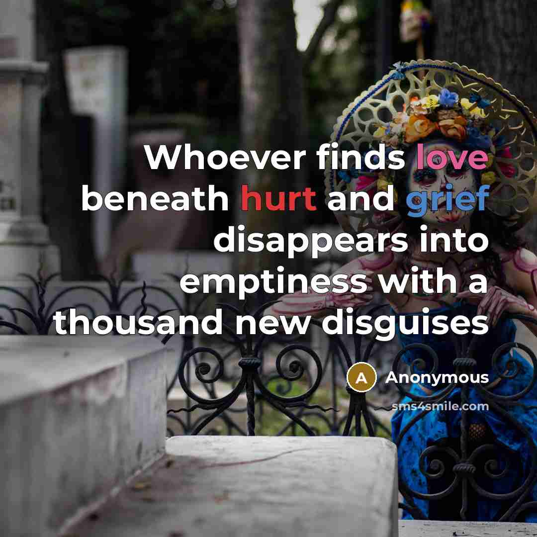 “Whoever finds love beneath hurt and grief disappears into emptiness with a thousand new disguises” quote by Anonymous