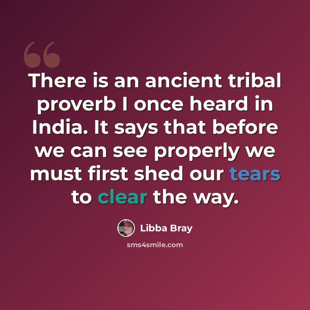 “There is an ancient tribal proverb I once heard in India. It says that before we can see properly we must first shed our tears to clear the way.” quote by Libba Bray