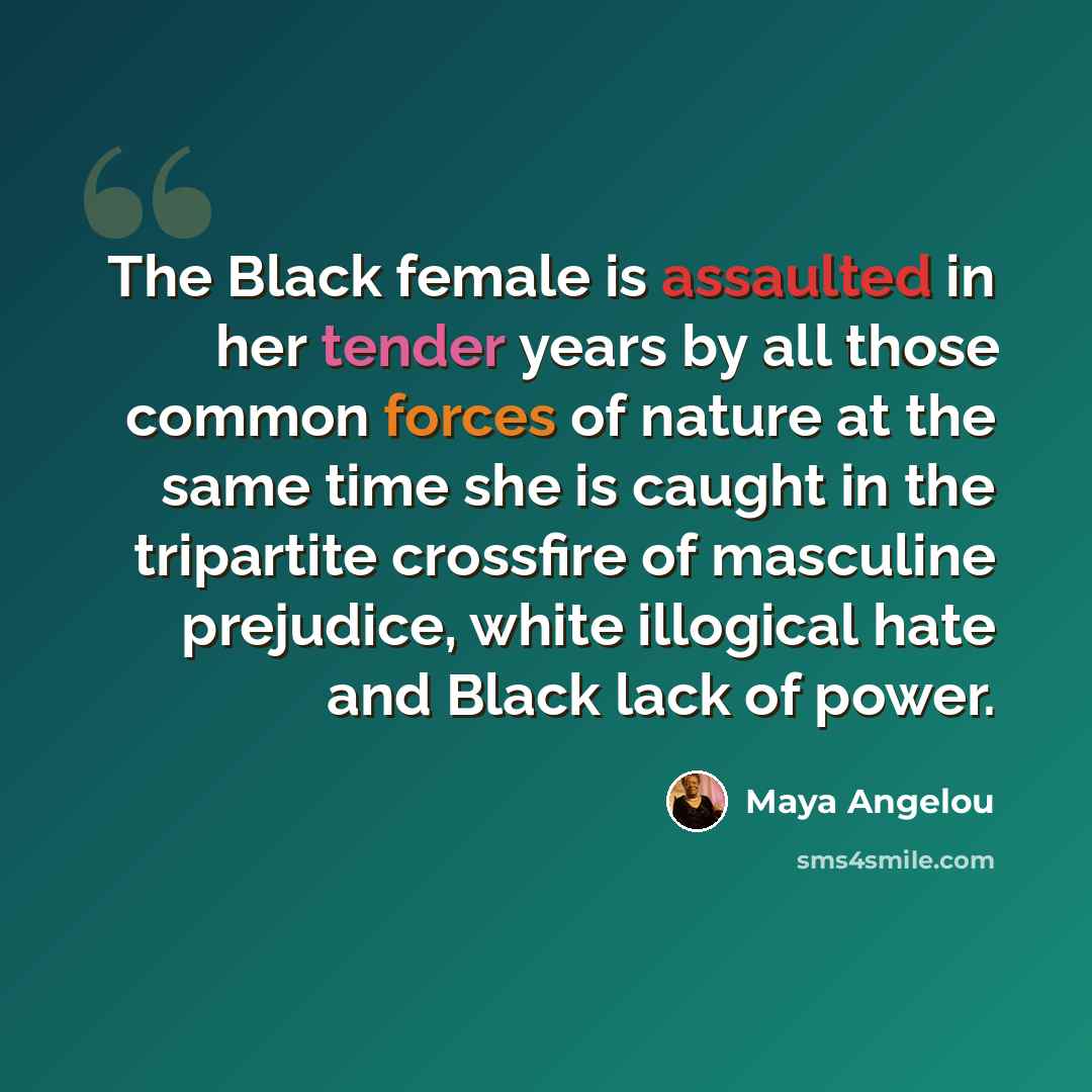 “The Black female is assaulted in her tender years by all those common forces of nature at the same time she is caught in the tripartite crossfire of masculine prejudice, white illogical hate and Black lack of power.” quote by Maya Angelou