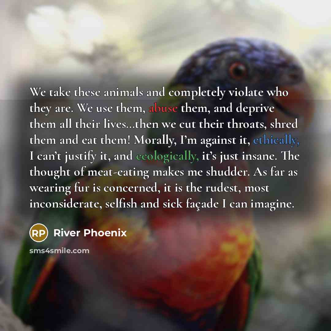 “We take these animals and completely violate who they are. We use them, abuse them, and deprive them all their lives…then we cut their throats, shred them and eat them! Morally, I’m against it, ethically, I can’t justify it, and ecologically, it’s just insane. The thought of meat-eating makes me…” quote by River Phoenix