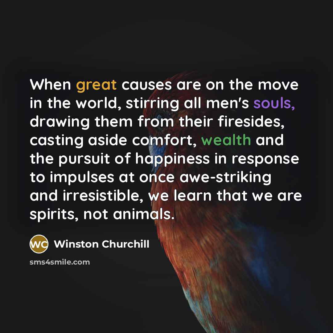 “When great causes are on the move in the world, stirring all men's souls, drawing them from their firesides, casting aside comfort, wealth and the pursuit of happiness in response to impulses at once awe-striking and irresistible, we learn that we are spirits, not animals.” quote by Winston Churchill