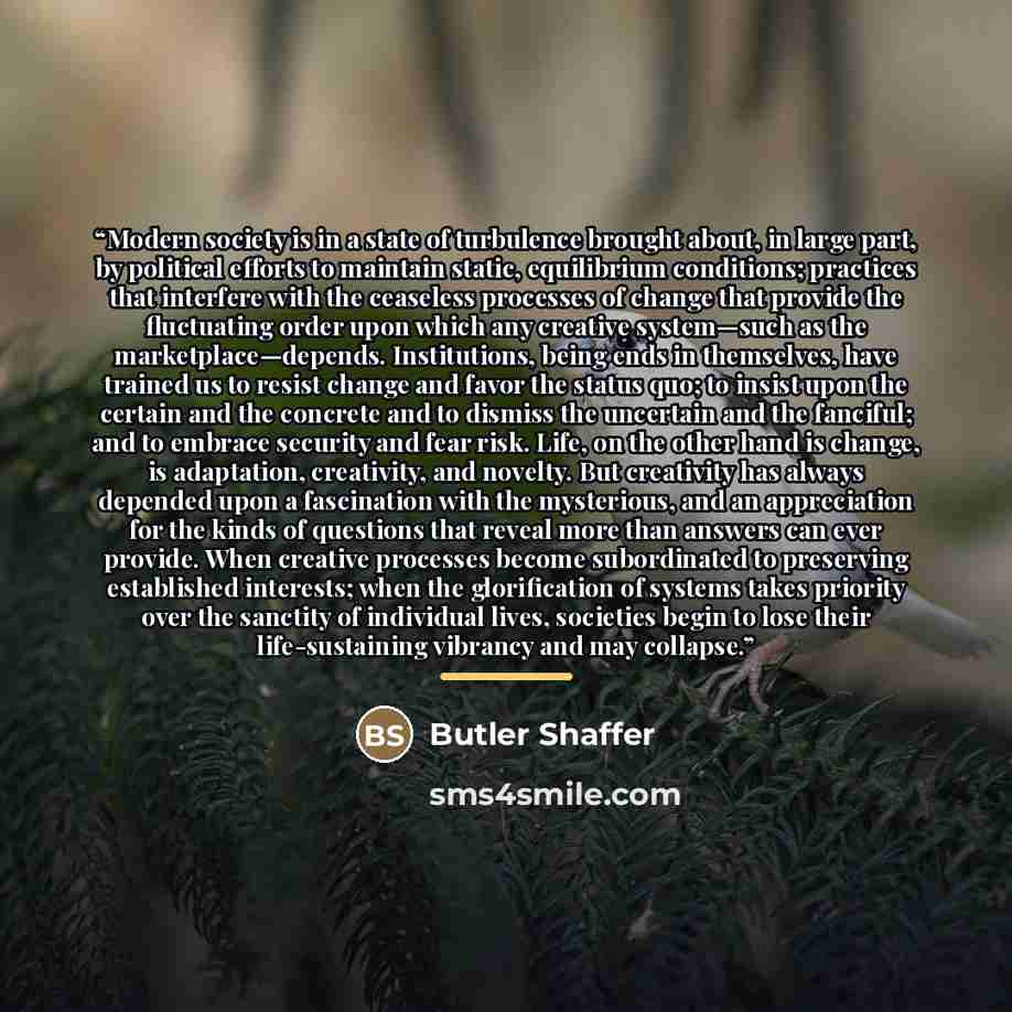 “Modern society is in a state of turbulence brought about, in large part, by political efforts to maintain static, equilibrium conditions; practices that interfere with the ceaseless processes of change that provide the fluctuating order upon which any creative system—such as the…” quote by Butler Shaffer
