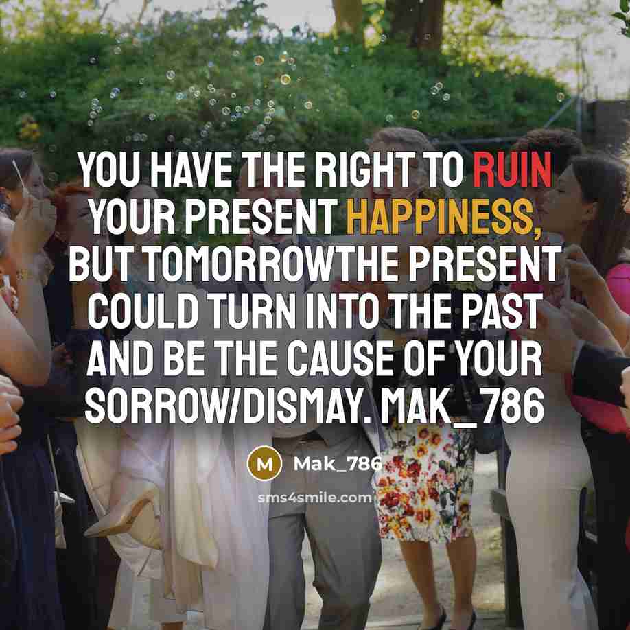 “You have the right to ruin your present happiness, but tomorrowthe present could turn into the past and be the cause of your sorrow/dismay. Mak_786” quote by Mak_786