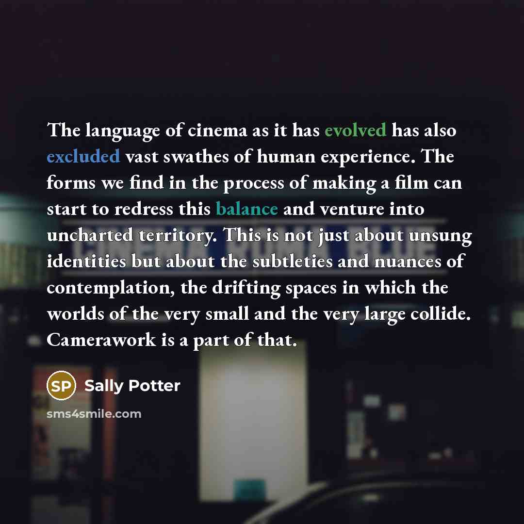“The language of cinema as it has evolved has also excluded vast swathes of human experience. The forms we find in the process of making a film can start to redress this balance and venture into uncharted territory. This is not just about unsung identities but about the subtleties and nuances of…” quote by Sally Potter